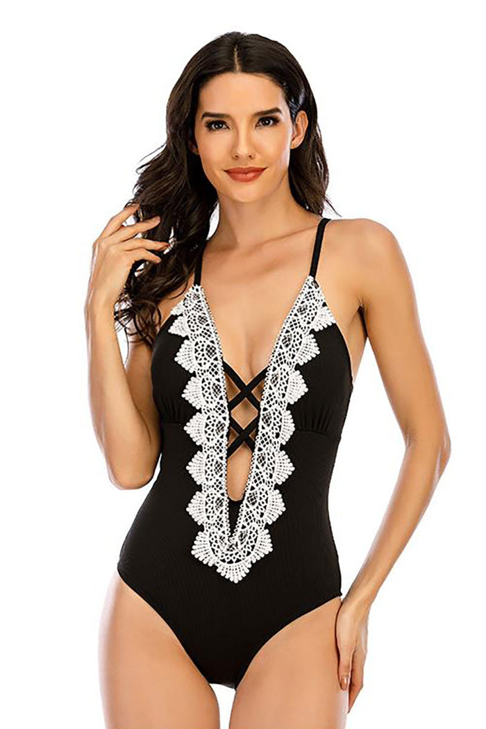 V-neck Hollow Out One Piece Swimsuit