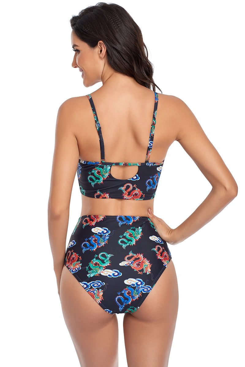 Dragon Print Lace Up High Waisted Bikini